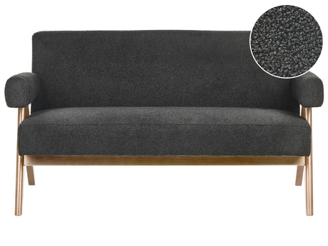 2 Seater Sofa Black and Dark Brown Boucle Upholstery Retro Design Wooden Legs Living Room Beliani