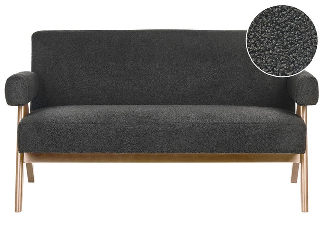 2 Seater Sofa Black and Dark Brown Boucle Upholstery Retro Design Wooden Legs Living Room Beliani