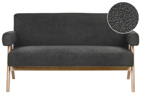 2 Seater Sofa Black and Dark Brown Boucle Upholstery Retro Design Wooden Legs Living Room Beliani