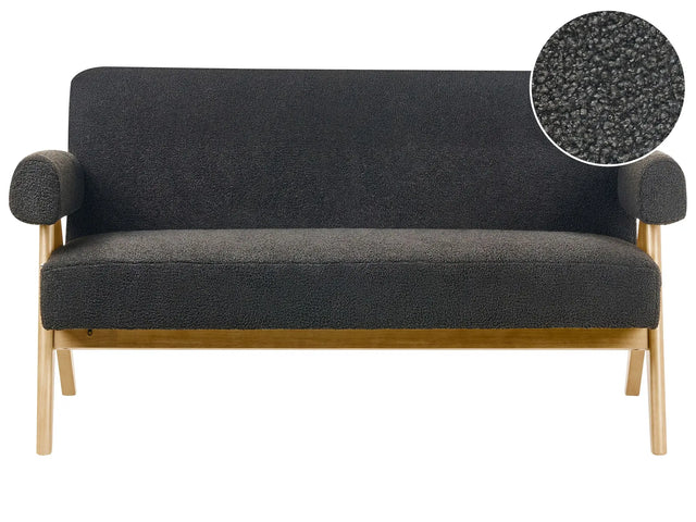 2 Seater Sofa Black and Light Brown Boucle Upholstery Retro Design Wooden Legs Living Room Beliani