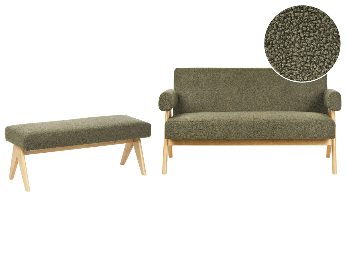 Sofa Set Green and Light Brown 2 Seater Sofa Bench Boucle Upholstery Retro Design Wooden Legs Living Room Beliani