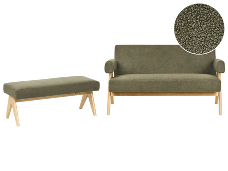 Sofa Set Green and Light Brown 2 Seater Sofa Bench Boucle Upholstery Retro Design Wooden Legs Living Room Beliani
