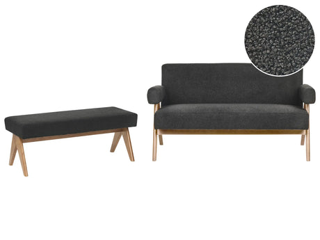 Sofa Set Black and Dark Brown 2 Seater Sofa Bench Boucle Upholstery Retro Design Wooden Legs Living Room Beliani