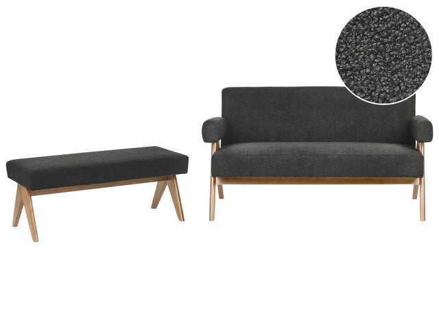 Sofa Set Black and Dark Brown 2 Seater Sofa Bench Boucle Upholstery Retro Design Wooden Legs Living Room Beliani