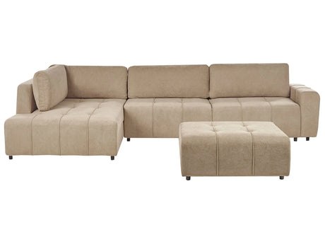4 Corner Seater Sofa Bed Right Handed Brown Fabric Upholstery with Storage and Ottoman Thickly Padded Modern Style Living Room Furniture Beliani