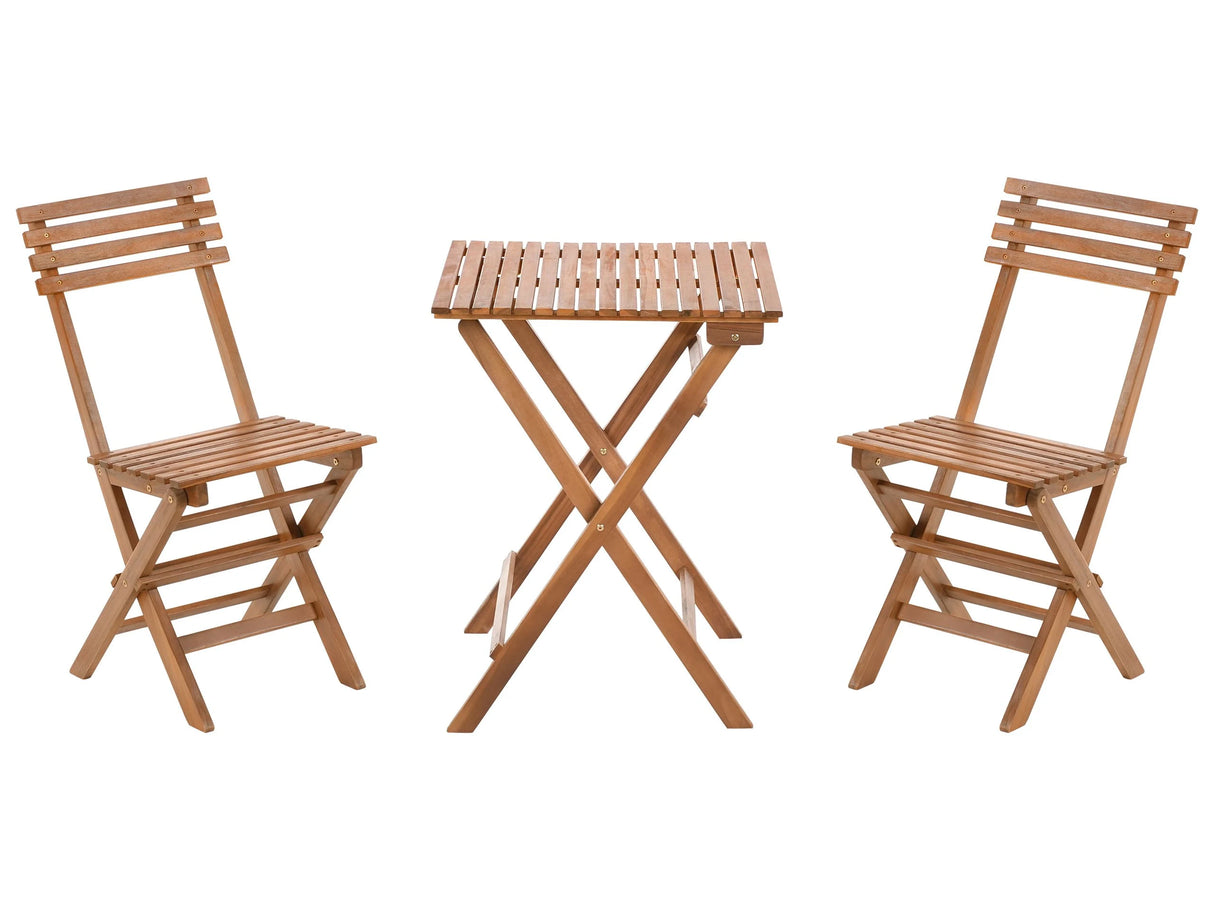 3 Piece Bistro Set Brown Solid Certified Acacia 2 Chairs and Tea Table Folding Slatted Design Beliani