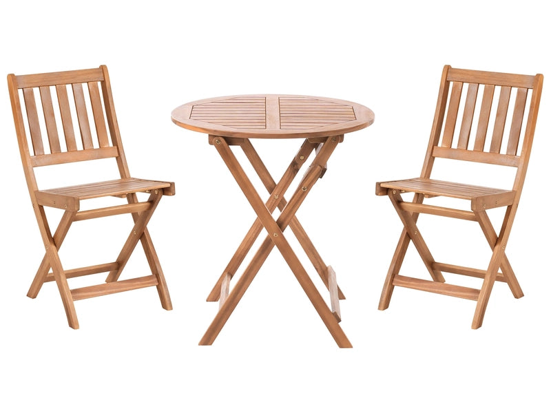 3 Piece Bistro Set Brown Solid Certified Acacia 2 Chairs and Tea Table Folding Slatted Design Beliani