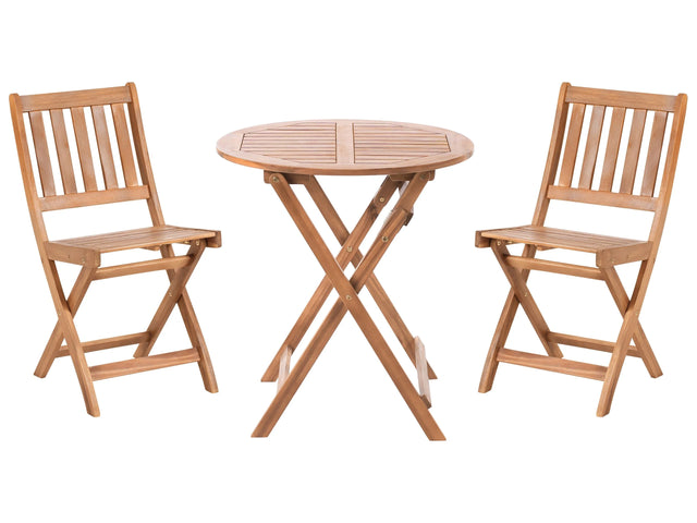 3 Piece Bistro Set Brown Solid Certified Acacia 2 Chairs and Tea Table Folding Slatted Design Beliani
