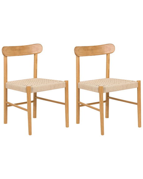 Set of 2 Dining Chairs Brown and Beige Rubber Wood Frames Paper Cord Seats Armless Retro Style Dining Room Beliani