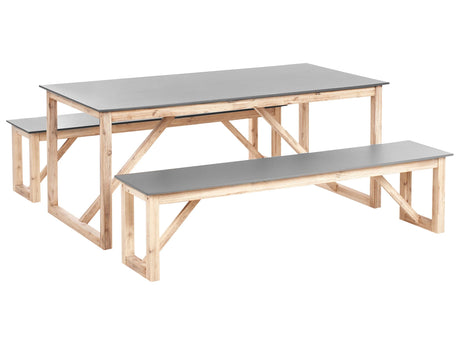 Outdoor Dining Set Grey Fibre Cement Light Acacia Wood 6 People Table 2 Benches Modern Design Beliani