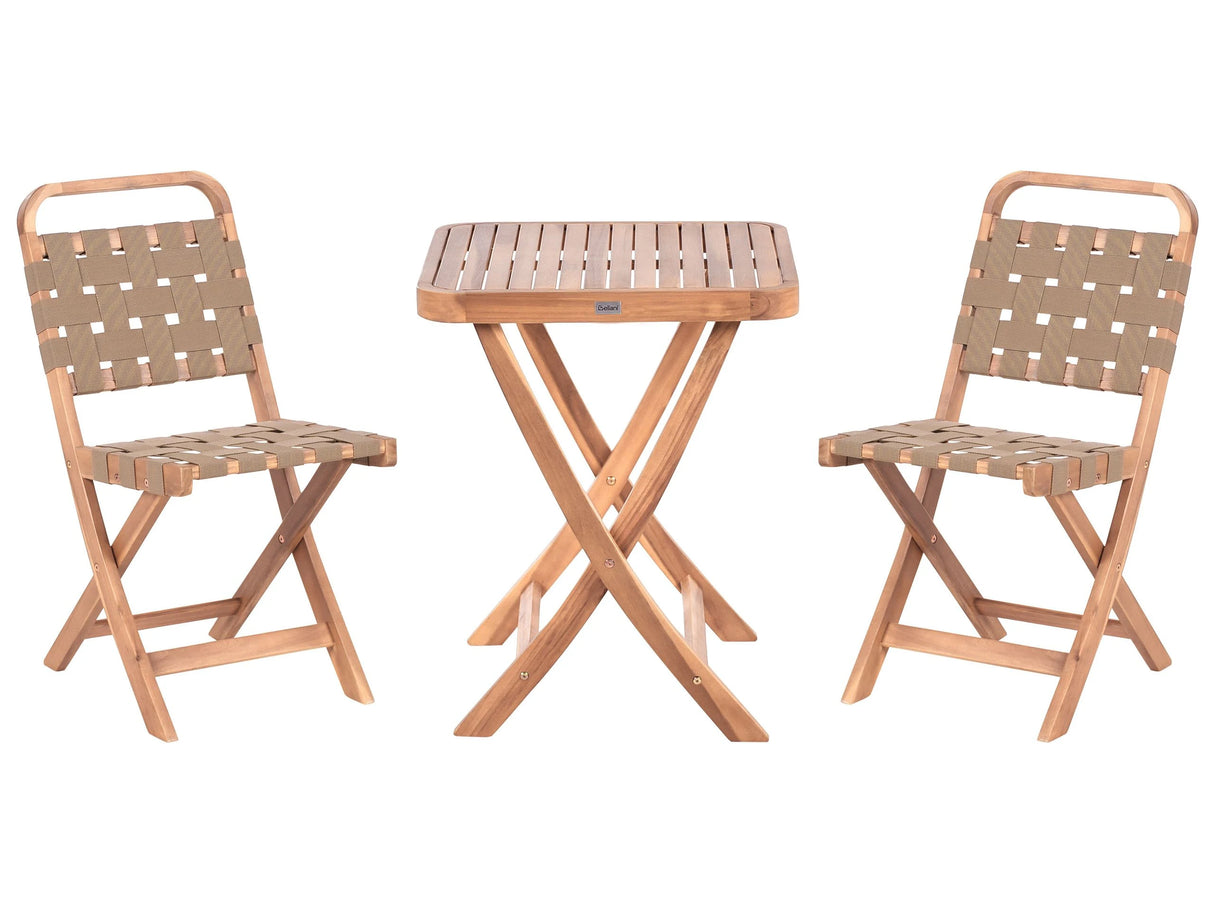3 Piece Bistro Set Brown Solid Certified Acacia 2 Chairs and Tea Table Folding Slatted Design Beliani