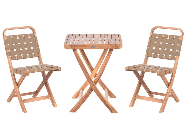 3 Piece Bistro Set Brown Solid Certified Acacia 2 Chairs and Tea Table Folding Slatted Design Beliani