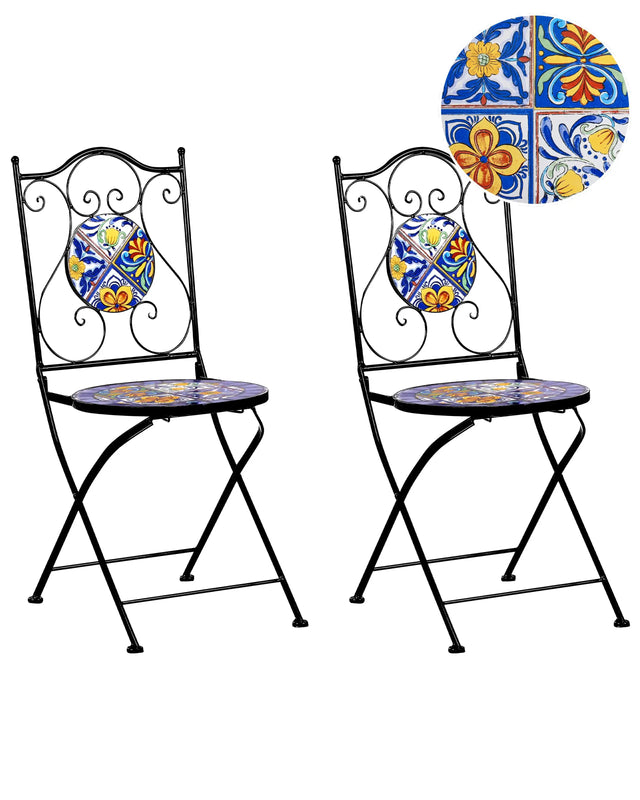Set of 2 Garden Chairs Black Metal Iron Frame Folding Mosaic Tiles Pattern Vintage Style Outdoor Beliani