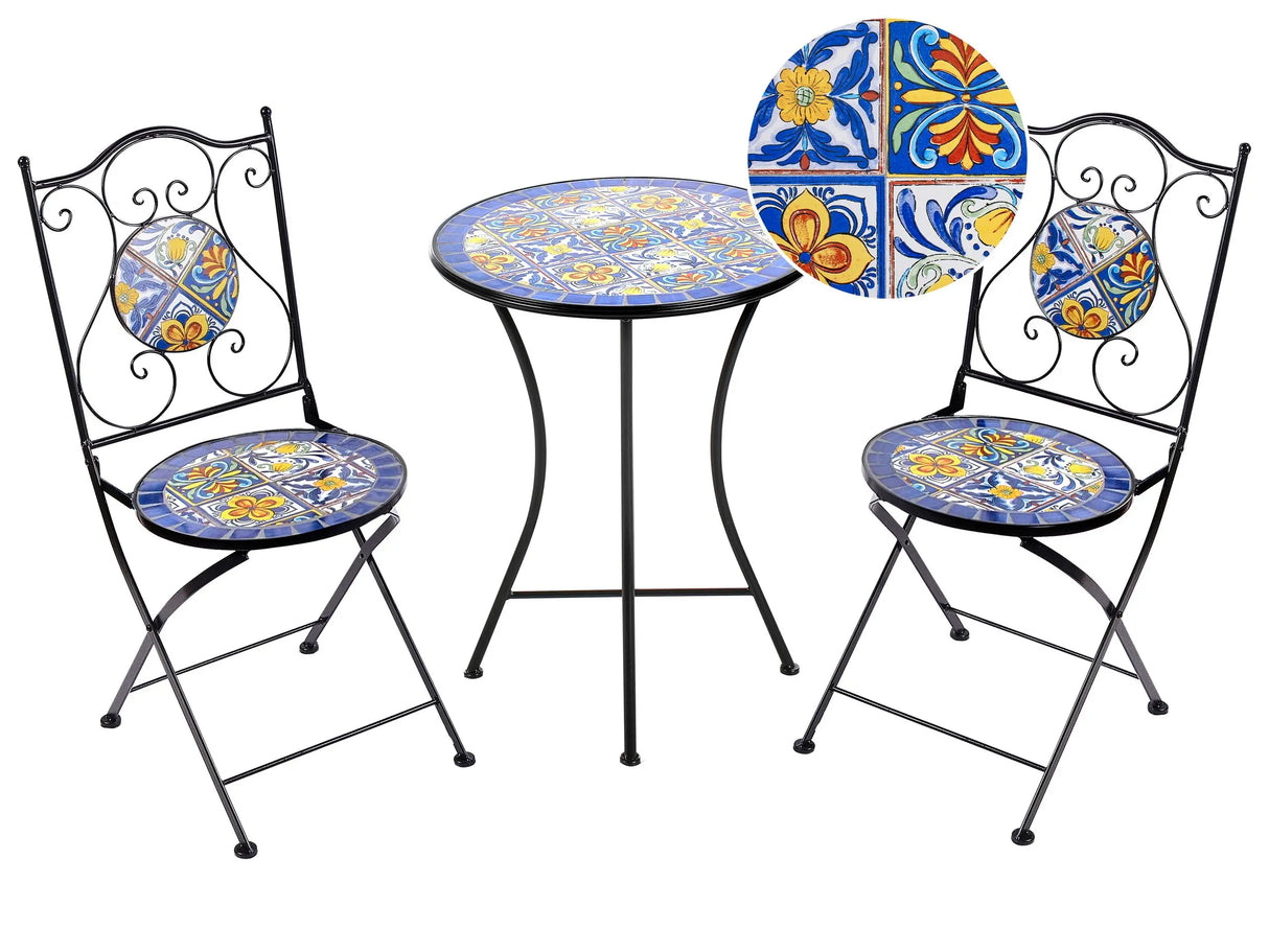 Outdoor Garden Bistro Set Black Metal Iron Frame Mosaic Tiles Pattern Table Chairs Vintage Style Outdoor Beliani