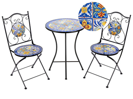 Outdoor Garden Bistro Set Black Metal Iron Frame Mosaic Tiles Pattern Table Chairs Vintage Style Outdoor Beliani