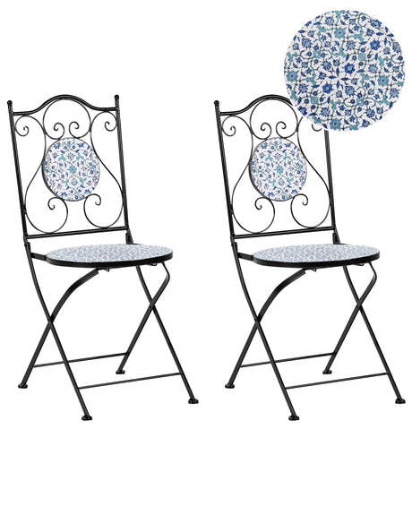 Set of 2 Garden Chairs Black Metal Iron Frame Folding Floral Pattern Vintage Style Outdoor Beliani