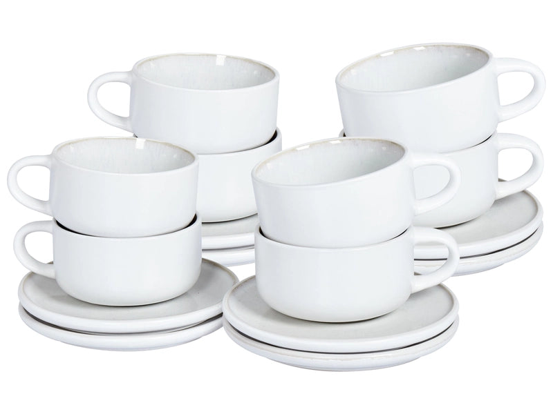 Set of 8 Cups with Saucers White Stoneware Kaolin Handmade Reactive Glaze Finish Service for 8 People Tea Coffee Kitchen Dining Room Beliani