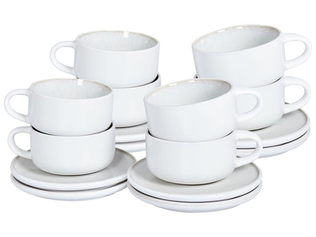 Set of 8 Cups with Saucers White Stoneware Kaolin Handmade Reactive Glaze Finish Service for 8 People Tea Coffee Kitchen Dining Room Beliani