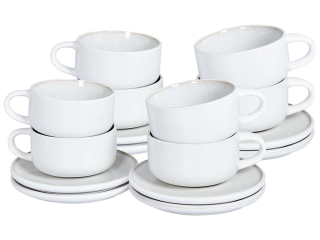 Set of 8 Cups with Saucers White Stoneware Kaolin Handmade Reactive Glaze Finish Service for 8 People Tea Coffee Kitchen Dining Room Beliani