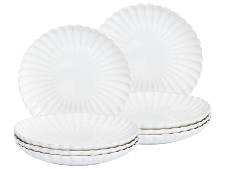 Set of 8 Dinner Plates White Stoneware Kaolin Handmade Reactive Glaze Finish Dessert Plate Kitchen Dining Room Beliani