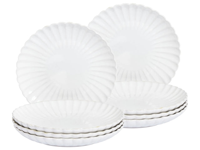 Set of 8 Dinner Plates White Stoneware Kaolin Handmade Reactive Glaze Finish Dessert Plate Kitchen Dining Room Beliani