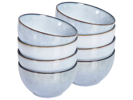 Set of 8 Bowls Light Blue Stoneware Kaolin Handmade Reactive Glaze Finish Kitchen Dining Room Beliani