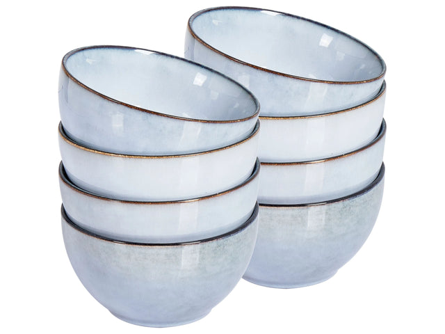 Set of 8 Bowls Light Blue Stoneware Kaolin Handmade Reactive Glaze Finish Kitchen Dining Room Beliani