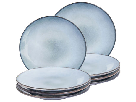 Set of 8 Dinner Plates Light Blue Stoneware Kaolin Handmade Reactive Glaze Finish Dessert Plate Kitchen Dining Room Beliani