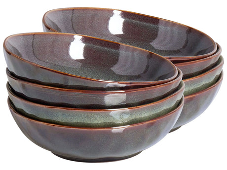 Set of 8 Deep Plates Dark Green Stoneware Kaolin Handmade Reactive Glaze Finish Pasta Bowls Kitchen Dining Room Beliani
