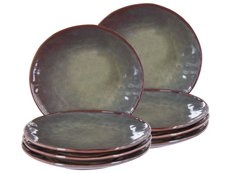 Set of 8 Side Plates Dark Green Stoneware Kaolin Handmade Reactive Glaze Finish Dessert Plate Kitchen Dining Room Beliani