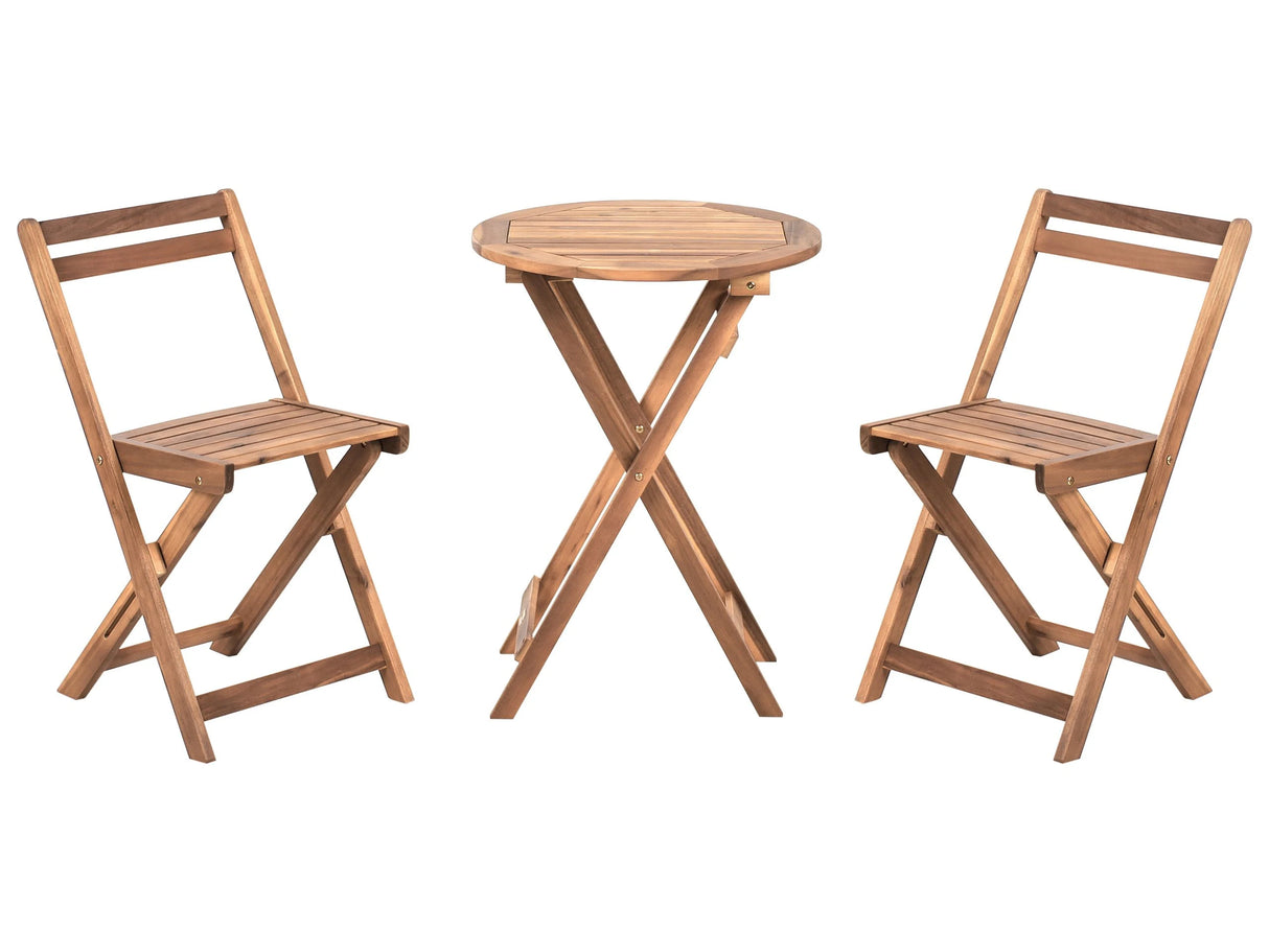 3 Piece Bistro Set Brown Solid Acacia Wood 2 Chairs and Tea Table Folding Slatted Design Beliani