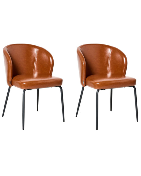 Set of 2 Dining Chairs Golden Brown Faux Leather Upholstery Padded Seat Sleek Metal Legs Beliani