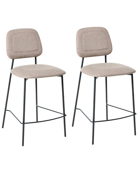 Set of 2 Bar Chairs Taupe Faux Linen Upholstery Black Iron Frame Counter Height Seat Dining Room Furniture Modern Design Beliani