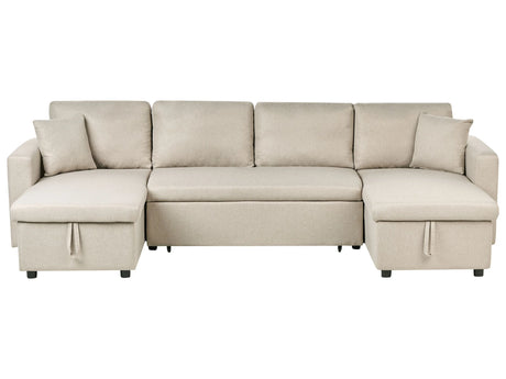 Corner Sofa Bed Beige Fabric Upholstered U Shaped 5 Seater with Storage Beliani