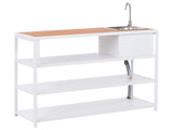 Outdoor Kitchen Island with Sink White Steel Brown Top 159 x 50 x 91 cm Single Lever Spout 3 Shelves Unit with Top Garden Kitchen Dining Beliani