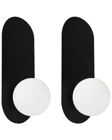 Set of 2 Wall Lamps Black Metal Opaque Glass Globe Lampshade Vintage Style Beliani