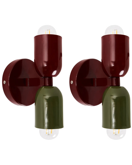 Set of 2 Wall Lamps Red and Green Metal Shades Two-Light Up-Down Wall Mounted Lamps Scones Beliani