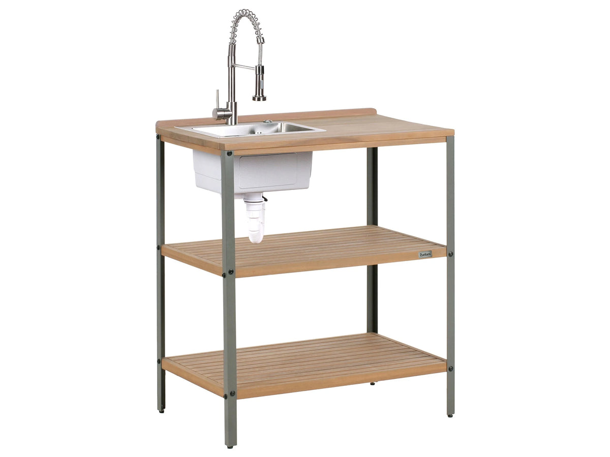 Outdoor Kitchen Island Brown and Silver with Sink Acacia Wood 2 Shelves Unit with Top 50 x 80 x 92 cm Garden Kitchen Dining Beliani
