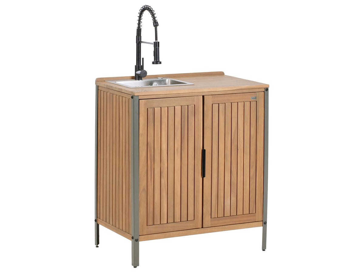 Outdoor Kitchen Cabinet Brown with Black Acacia Wood Sink Faucet 2 Shelves 2 Doors Unit with Top 50 x 80 x 92 cm Garden Kitchen Dining Beliani