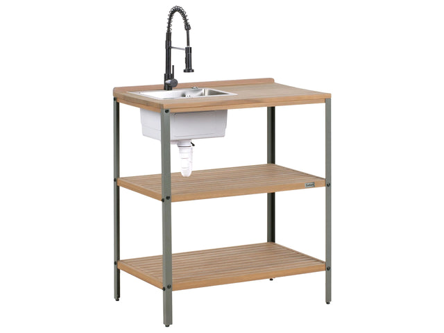 Outdoor Kitchen Island Brown and Black with Sink Acacia Wood 2 Shelves Unit with Top 50 x 80 x 92 cm Garden Kitchen Dining Beliani