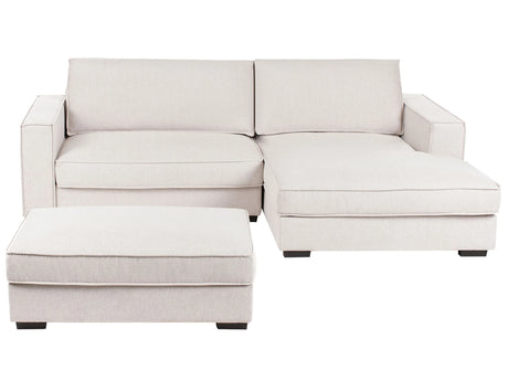Left Hand Corner Sofa with Ottoman Light Beige Fabric Polyester Upholstered 3 Seater L-Shaped with Cushions Modern Style Living Room Beliani
