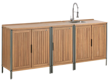 Outdoor Kitchen Cabinets Set with Sink and Faucet Brown Acacia Wood Stainless Steel Shelves Unit with Top Garden Kitchen Dining Beliani
