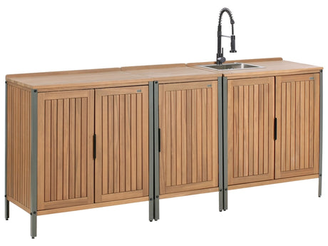 Outdoor Kitchen Cabinets Set with Sink and Faucet Brown and Black Acacia Wood Stainless Steel Shelves Unit with Top Garden Kitchen Dining Beliani