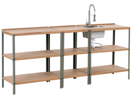 Outdoor Kitchen Set with Sink and Faucet Brown and Silver Acacia Wood Stainless Steel Shelves Unit with Top Garden Kitchen Dining Beliani