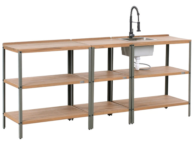 Outdoor Kitchen Set with Sink and Faucet Brown and Black Acacia Wood Stainless Steel Shelves Unit with Top Garden Kitchen Dining Beliani