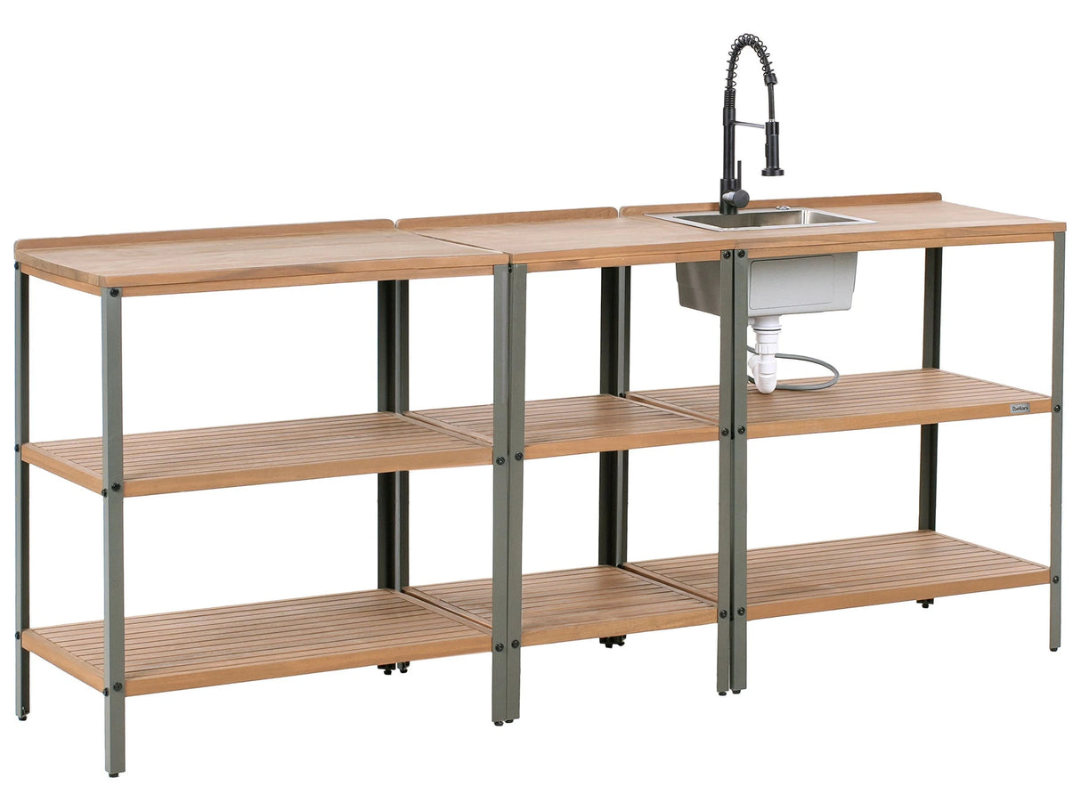 Outdoor Kitchen Set with Sink and Faucet Brown and Black Acacia Wood Stainless Steel Shelves Unit with Top Garden Kitchen Dining Beliani
