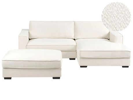 Left Hand Corner Sofa with Ottoman Off-White Boucle Upholstery 3 Seater L-Shaped with Cushions Modern Style Living Room Beliani