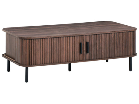 Coffee Table Dark Brown Black Legs MDF Metal 120 x 60 cm Retro Sliding Cabinet Storage Living Room Beliani