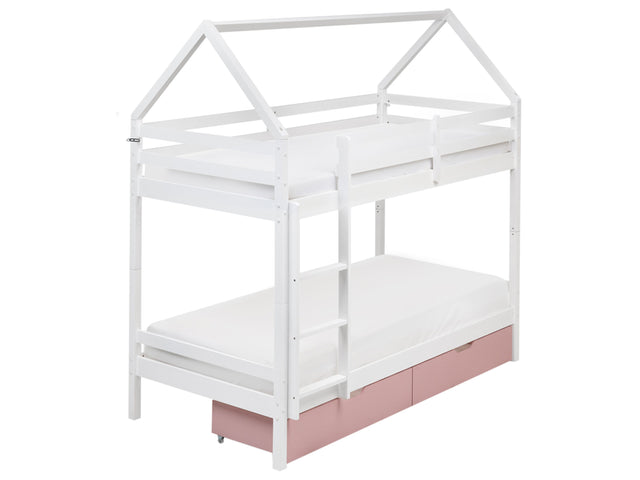 Double Bunk Bed White with Pink Drawers Pine Wood EU Single Size 3ft High Sleeper Children Kids Bedroom Beliani