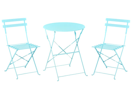 3 Piece Bistro Set Blue Metal Folding Slatted Seat Back Outdoor Beliani